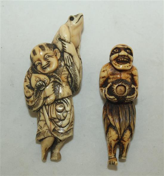 Two Japanese ivory netsuke of Sennin, 5.7cm, losses to feet